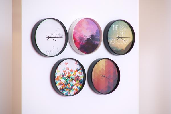 Colorful hanging clocks