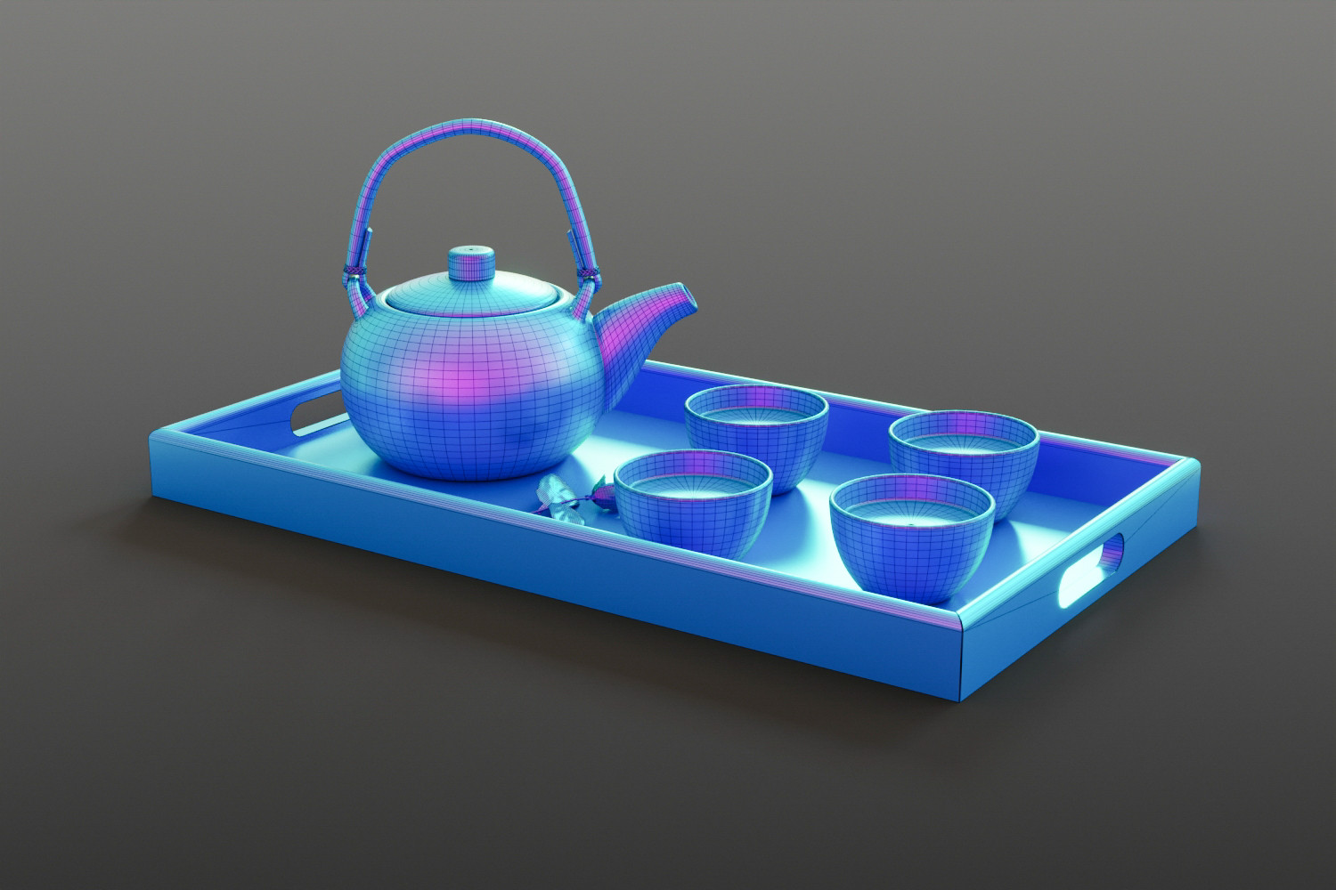 Oriental tea set on tray 3D model