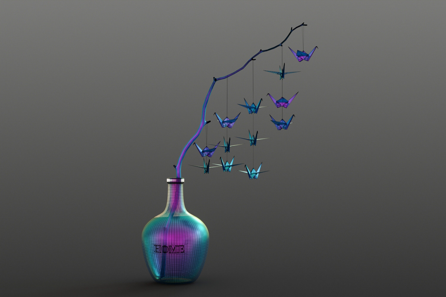 Large glass carboy with decorative origami birds 3D model
