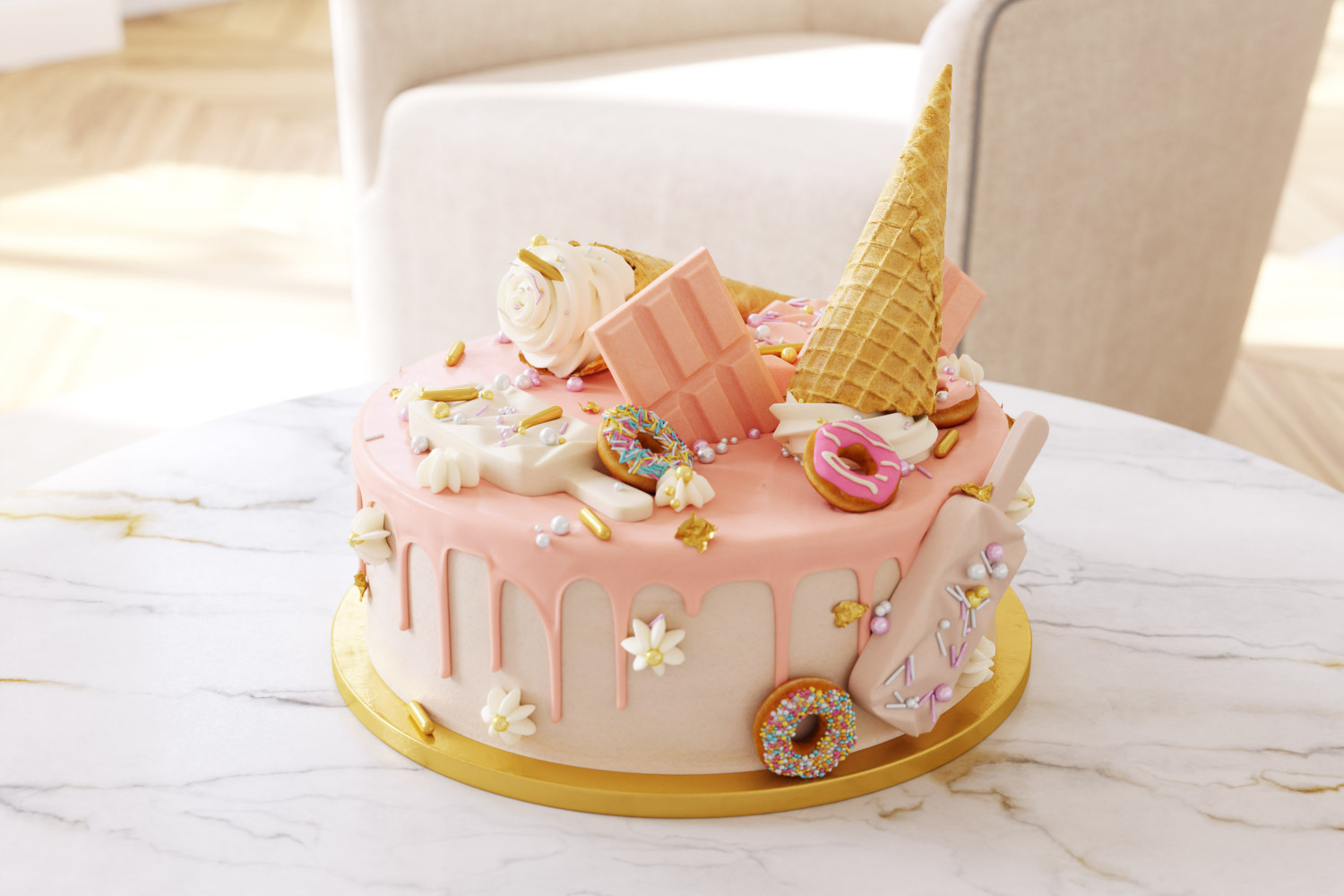 Birthday cake with donuts and ice cream cone 3D Model