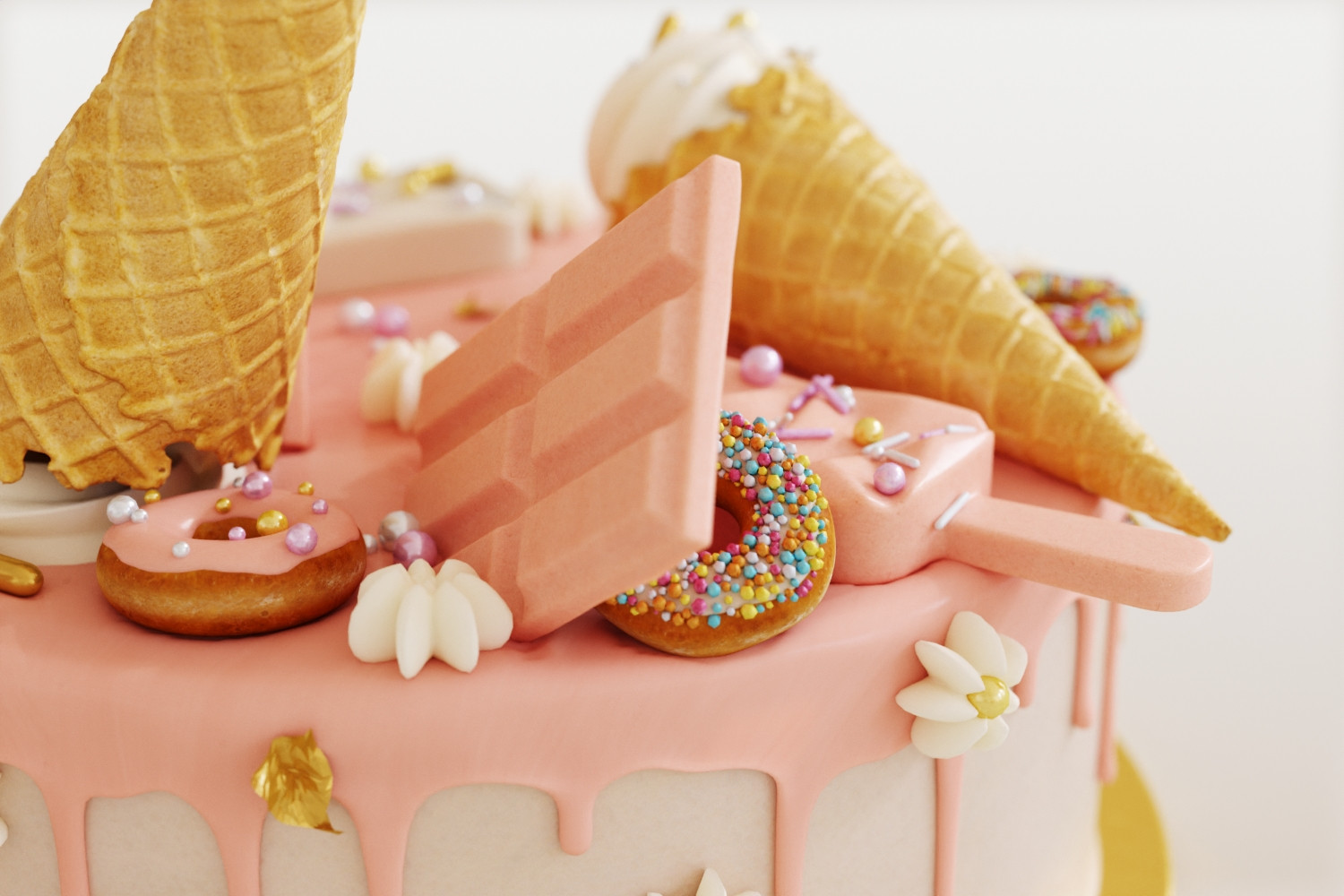 Birthday cake with donuts and ice cream cone 3D Model