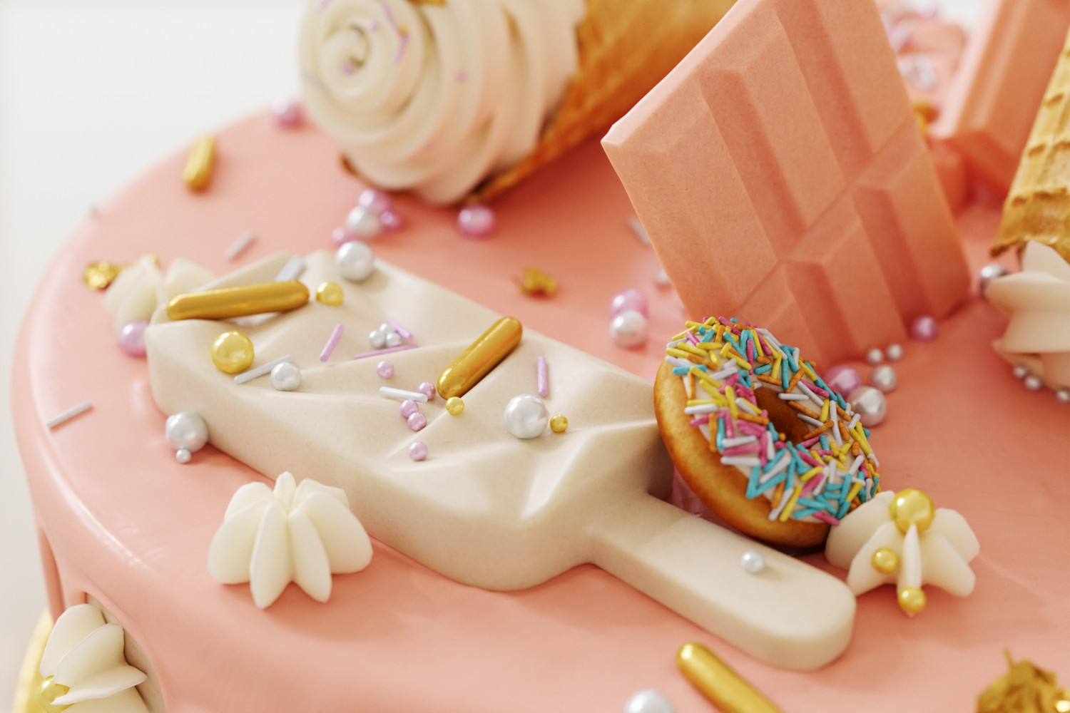 Birthday cake with donuts and ice cream cone 3D Model