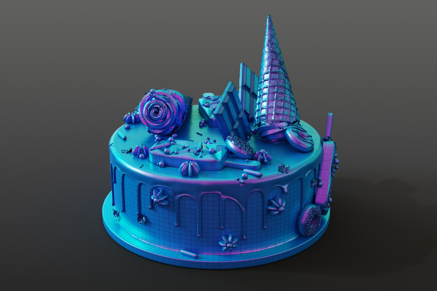 Birthday cake with donuts and ice cream cone 3D Model